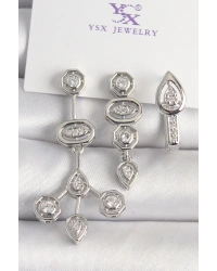 Pirinç Gümüş Renk Zirkon Taşlı Geometrik Model 3Lü Kadın Kombin Küpe