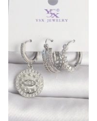 Pirinç Gümüş Renk Zirkon Taşlı Göz İşlemeli Halka Model 3Lü Kadın Kombin Küpe