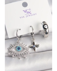 Pirinç Gümüş Renk Zirkon Taşlı Göz Model Nazar Boncuk Detay 3Lü Kadın Kombin Küpe