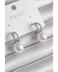 Pirinç Gümüş Renk Zirkon Taşlı Halka İnci Detay Kadın Küpe