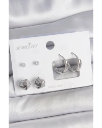 Pirinç Gümüş Renk Zirkon Taşlı Halka Model 3 Çift Kadın Küpe Seti