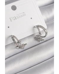 Pirinç Gümüş Renk Zirkon Taşlı Halka Model Sallantı Yıldız Detay Kadın Küpe