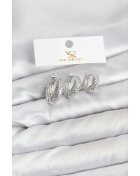 Pirinç Gümüş Renk Zirkon Taşlı Halka Model YSX Trio Küpe Seti