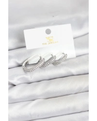 Pirinç Gümüş Renk Zirkon Taşlı Halka Model YSX Trio Küpe Seti