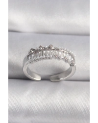 Pirinç Gümüş Renk Zirkon Taşlı İnci Detay VIP Seri Kadın Yüzük