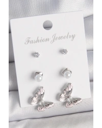 Pirinç Gümüş Renk Zirkon Taşlı İnci Detaylı Kelebek Model 3 Çift Kadın Küpe Seti