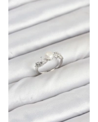 Pirinç Gümüş Renk Zirkon Taşlı İncili Model Kadın Yüzük