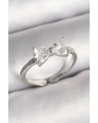 Pirinç Gümüş Renk Zirkon Taşlı Kalp Fiyonk Model Kadın Yüzük