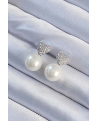 Pirinç Gümüş Renk Zirkon Taşlı Kalp Model İnci Tasarım Kadın Küpe