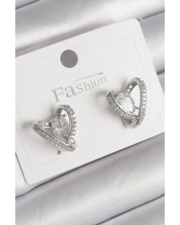 Pirinç Gümüş Renk Zirkon Taşlı Kalp Model Kadın Küpe