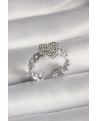 Pirinç Gümüş Renk Zirkon Taşlı Kalp Model Kadın Yüzük