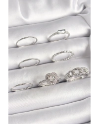 Pirinç Gümüş Renk Zirkon Taşlı Kalp Model Kadın Yüzük Kombini