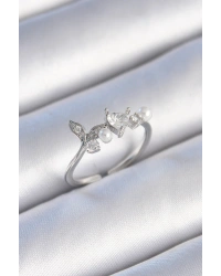 Pirinç Gümüş Renk Zirkon Taşlı Kalp Yaprak Model İnci Detay Kadın Yüzük