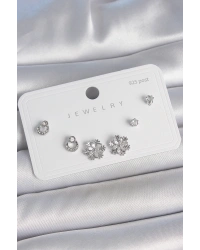 Pirinç Gümüş Renk Zirkon Taşlı Kar Tanesi Model 925 Ayar Gümüş Çivi Kadın Küpe Seti