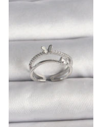 Pirinç Gümüş Renk Zirkon Taşlı Kelebek Figürlü Ayarlanabilir Yüzük