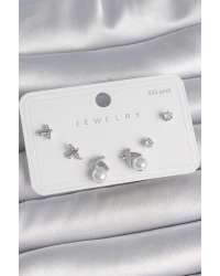 Pirinç Gümüş Renk Zirkon Taşlı Kelebek Model İnci Detay 925 Ayar Gümüş Çivi Kadın Küpe Seti