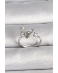 Pirinç Gümüş Renk Zirkon Taşlı Kelebek Model İnci Detay Ayarlanabilir Yüzük