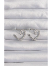 Pirinç Gümüş Renk Zirkon Taşlı Kıvrımlı Yarım Kalp Küpe