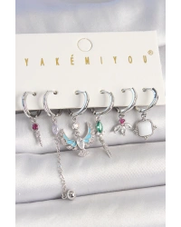 Pirinç Gümüş Renk Zirkon Taşlı Kuş Figür Çiçek Detay 6Lı Kadın Kombin Küpe