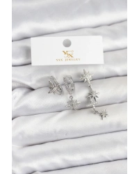 Pirinç Gümüş Renk Zirkon Taşlı Kutup Yıldızı Model YSX Trio Küpe Seti