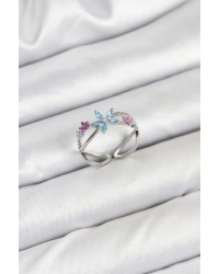 Pirinç Gümüş Renk Zirkon Taşlı Mavi Çiçekli Kadın Yüzük