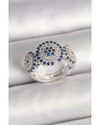 Pirinç Gümüş Renk Zirkon Taşlı Nazar Boncuk Model Ayarlanabilir Kadın Yüzük