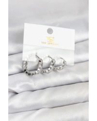 Pirinç Gümüş Renk Zirkon Taşlı Petek Halka Model YSX Trio Küpe Seti