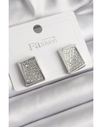 Pirinç Gümüş Renk Zirkon Taşlı Plaka Model Kadın Küpe