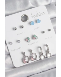 Pirinç Gümüş Renk Zirkon Taşlı Sallantı Halka Model Çiçek Detay 7 Çift Kadın Küpe Seti