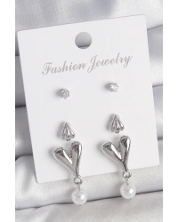 Pirinç Gümüş Renk Zirkon Taşlı Sallantılı Kalp Model 3 Çift Kadın Küpe Seti