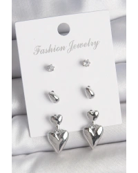 Pirinç Gümüş Renk Zirkon Taşlı Sallantılı Kalp Model 3 Çift Kadın Küpe Seti