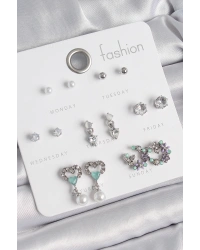 Pirinç Gümüş Renk Zirkon Taşlı Sallantılı Kalp Model Çiçek Detay 7 Çift Kadın Küpe Seti