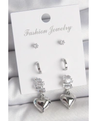 Pirinç Gümüş Renk Zirkon Taşlı Sallantılı Kalp Model Yarım Halka Detay 3 Çfit Kadın Küpe Seti