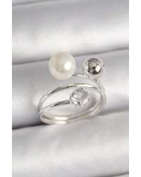 Pirinç Gümüş Renk Zirkon Taşlı Toplu İnci Model Kadın Yüzük