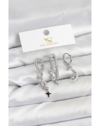 Pirinç Gümüş Renk Zirkon Taşlı Uzay Model YSX Trio Küpe Seti