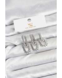 Pirinç Gümüş Renk Zirkon Taşlı Vintage Model YSX Trio Küpe Seti