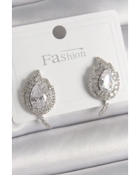 Pirinç Gümüş Renk Zirkon Taşlı Yaprak Model Kadın Küpe