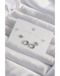 Pirinç Gümüş Renk Zirkon Taşlı Yaprak Model Küpe Seti