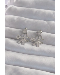 Pirinç Gümüş Renk Zirkon Taşlı Yassı Fiyonk Model Küpe