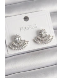 Pirinç Gümüş Renk Zirkon Taşlı Yelpaze Model Kadın Küpe