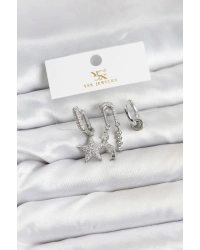 Pirinç Gümüş Renk Zirkon Taşlı Yıldız Vintage Model YSX Trio Küpe Seti