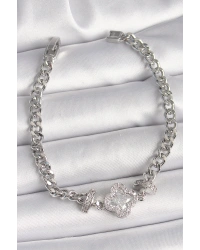 Pirinç Gümüş Renk Zirkon Taşlı Yonca Figür Zincir Model Kadın Bileklik