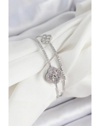 Pirinç Gümüş Renk Zirkon Taşlı Yonca Model 2li Kadın Bileklik