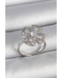 Pirinç Gümüş Renk Zirkon Taşlı Yonca Model Ayarlanabilir Kadın Yüzük