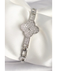 Pirinç Gümüş Renk Zirkon Taşlı Yonca Model Kadın Bileklik