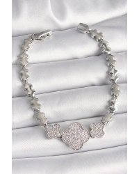 Pirinç Gümüş Renk Zirkon Taşlı Yonca Model Zincir Model Kadın Bileklik