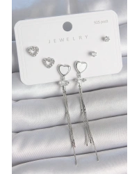 Pirinç Gümüş Sallantı Beyaz Mineli Kalp Model Zirkon Taşlı Kalp Detay 925 Ayar Gümüş Çivi Kadın Küpe Seti