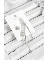 Pirinç Halka Figürlü Zirkon Taşlı Gümüş Renk 3lü Kıkırdak Kadın Küpe Set