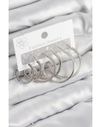 Pirinç Halka Model Gümüş Renk Kadın Set Küpe