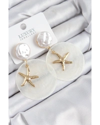 Pirinç İncili Deniz Kabuğu Figürlü Sedef Model Gold Renk Kadın Küpe